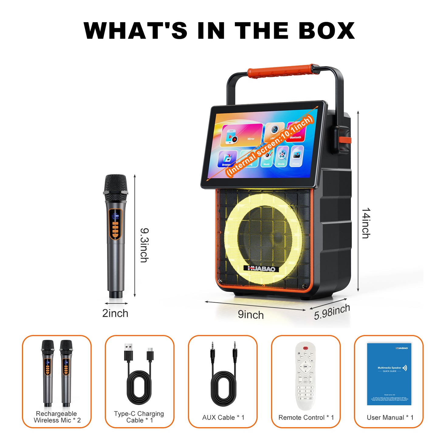 HUABAO A119 Portable Karaoke Machine with 10.1” Rotatable HD Screen, Wireless Screen Mirroring for iOS & Android, Bluetooth Speaker with Lyrics Display