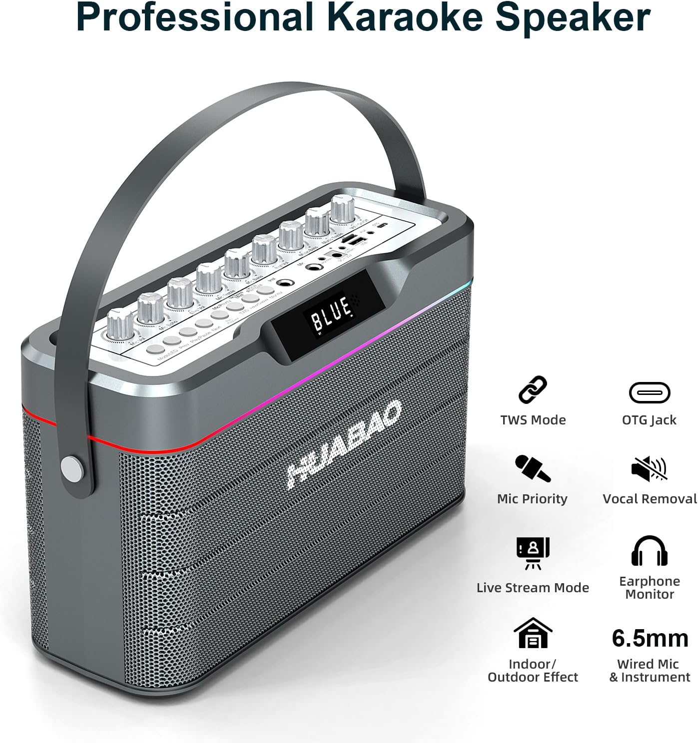 HUABAO 100W Karaoke Machine with 2 Wireless Mics - Bluetooth Speaker with Super Bass, LED Lights, TWS Pairing & Pro Sound Controls for Home and Party Use