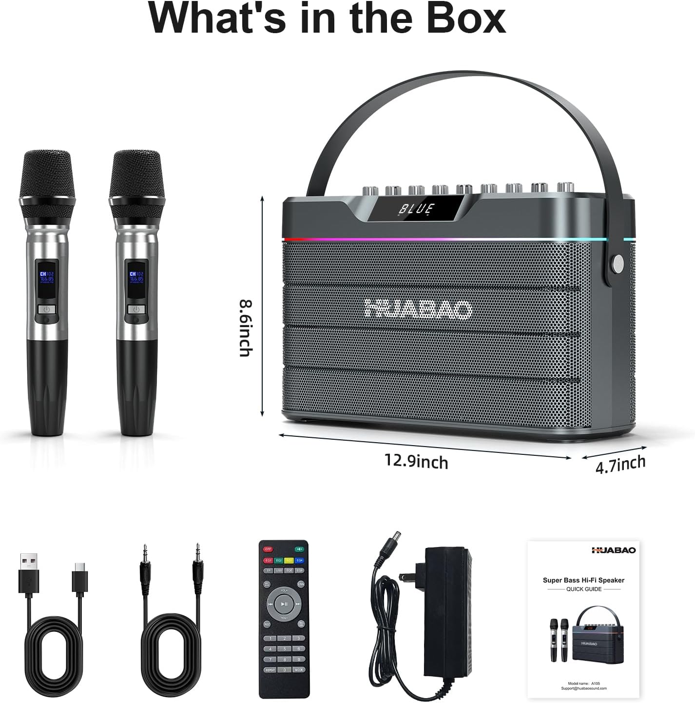 HUABAO 100W Karaoke Machine with 2 Wireless Mics - Bluetooth Speaker with Super Bass, LED Lights, TWS Pairing & Pro Sound Controls for Home and Party Use