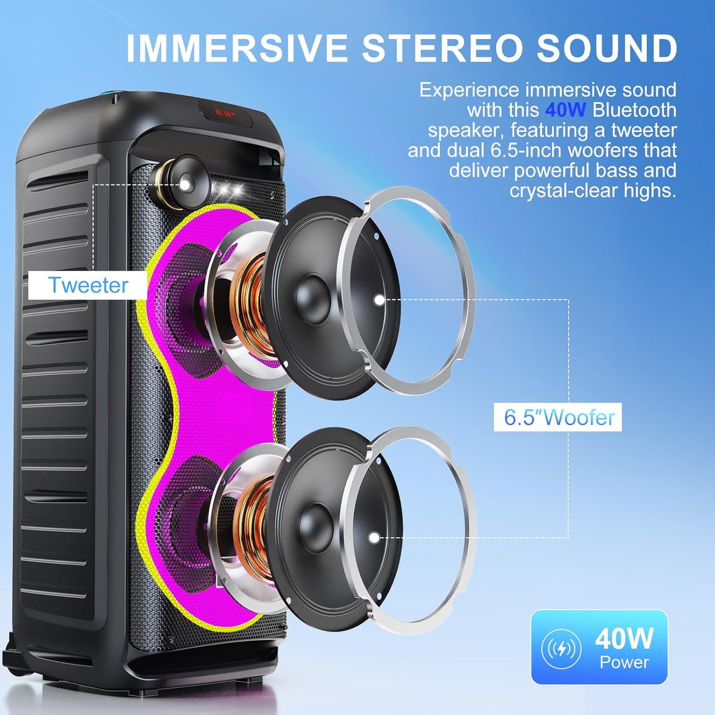 HUABAO 40W Karaoke Machine with 2 Wireless Mics - Portable Bluetooth Speaker with LED Lights, Super Bass, TWS Pairing & Rechargeable Battery for Home Party, Outdoor and Travel