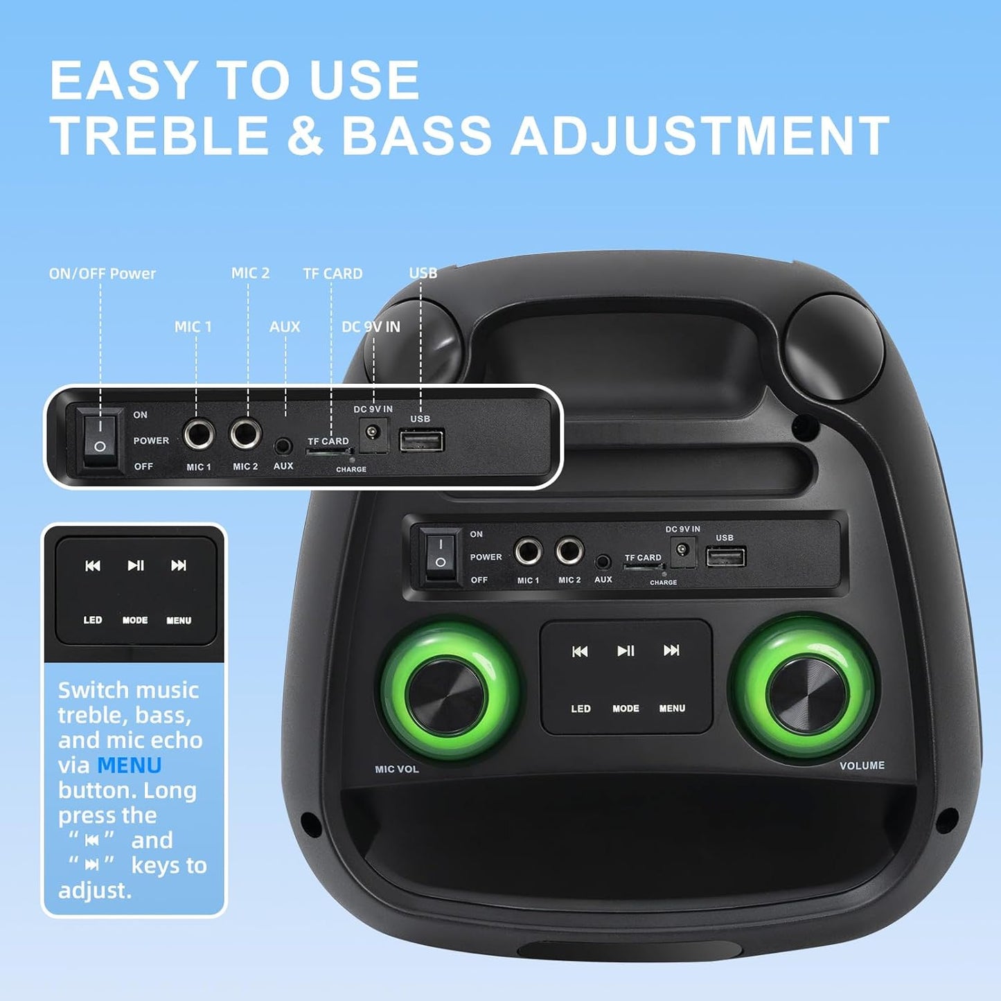 HUABAO 40W Karaoke Machine with 2 Wireless Mics - Portable Bluetooth Speaker with LED Lights, Super Bass, TWS Pairing & Rechargeable Battery for Home Party, Outdoor and Travel