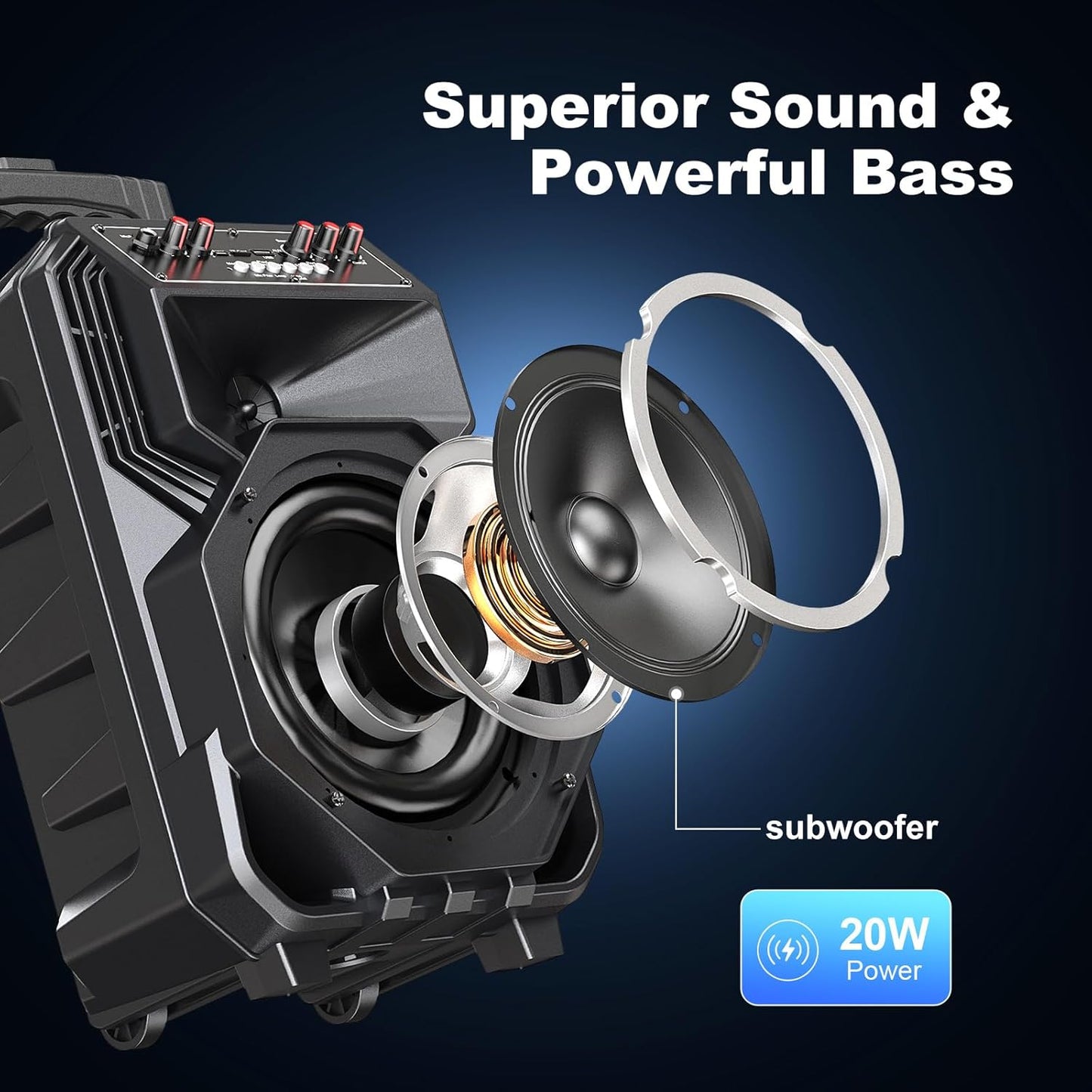 HUABAO Karaoke Machine with 2 Wireless Mics & Rolling Wheels - 8800mAh Portable Bluetooth Speaker with Party Lights, Adjustable Bass/Treble/Echo for Indoor & Outdoor Events