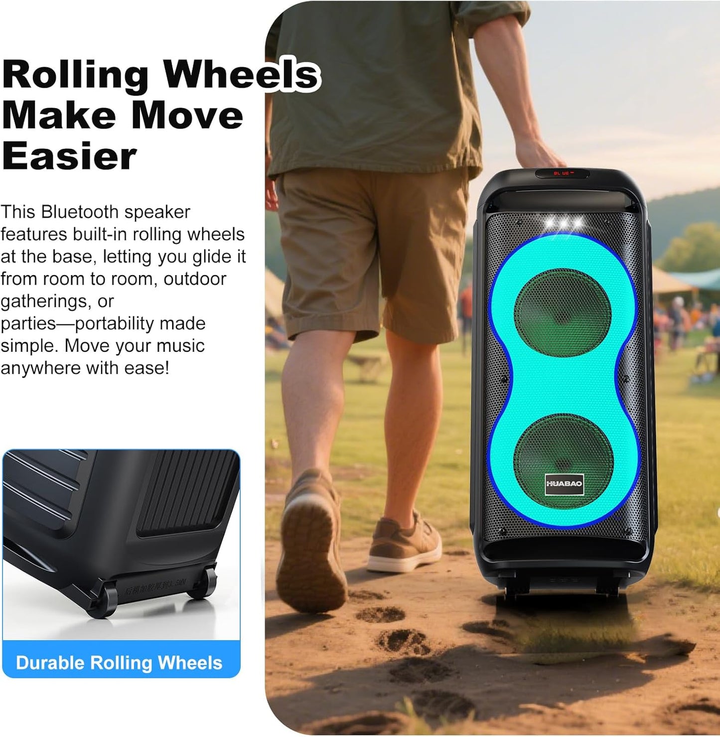HUABAO 40W Karaoke Machine with 2 Wireless Mics - Portable Bluetooth Speaker with LED Lights, Super Bass, TWS Pairing & Rechargeable Battery for Home Party, Outdoor and Travel
