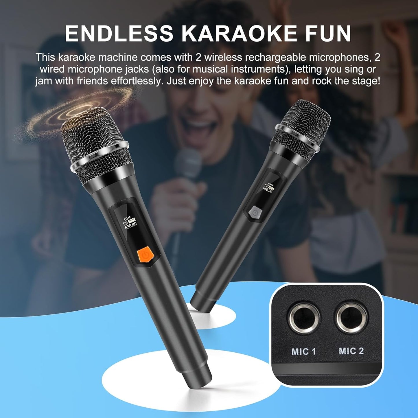 HUABAO 40W Karaoke Machine with 2 Wireless Mics - Portable Bluetooth Speaker with LED Lights, Super Bass, TWS Pairing & Rechargeable Battery for Home Party, Outdoor and Travel