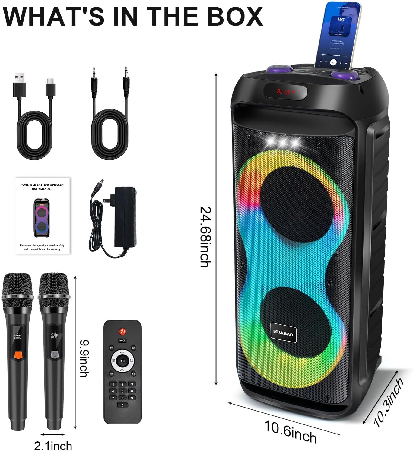 HUABAO 40W Karaoke Machine with 2 Wireless Mics - Portable Bluetooth Speaker with LED Lights, Super Bass, TWS Pairing & Rechargeable Battery for Home Party, Outdoor and Travel