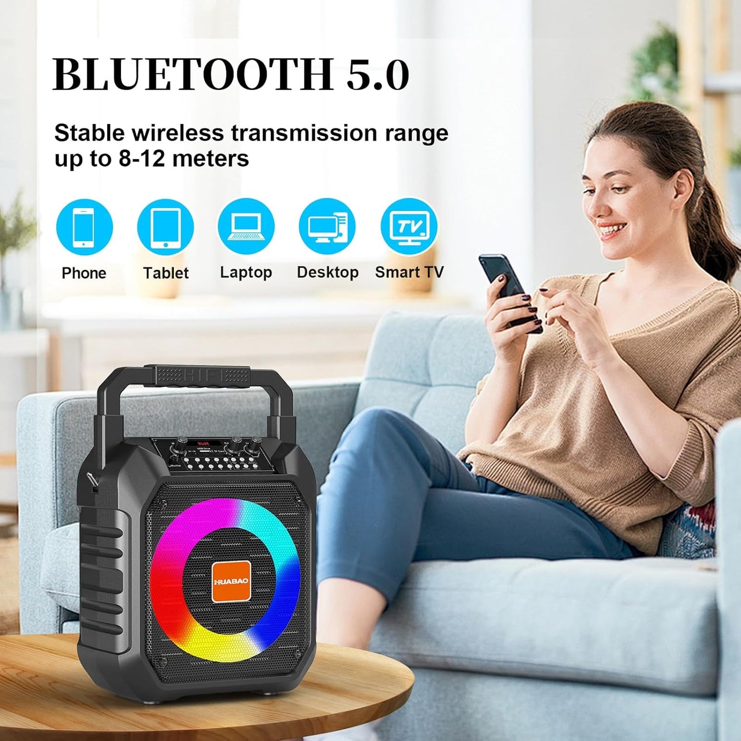 HUABAO Karaoke Machine with 2 Wireless Mics - Portable Bluetooth Speaker with LED Lights, USB/AUX/FM/TF Support for Home Parties, Meetings & Family Entertainment