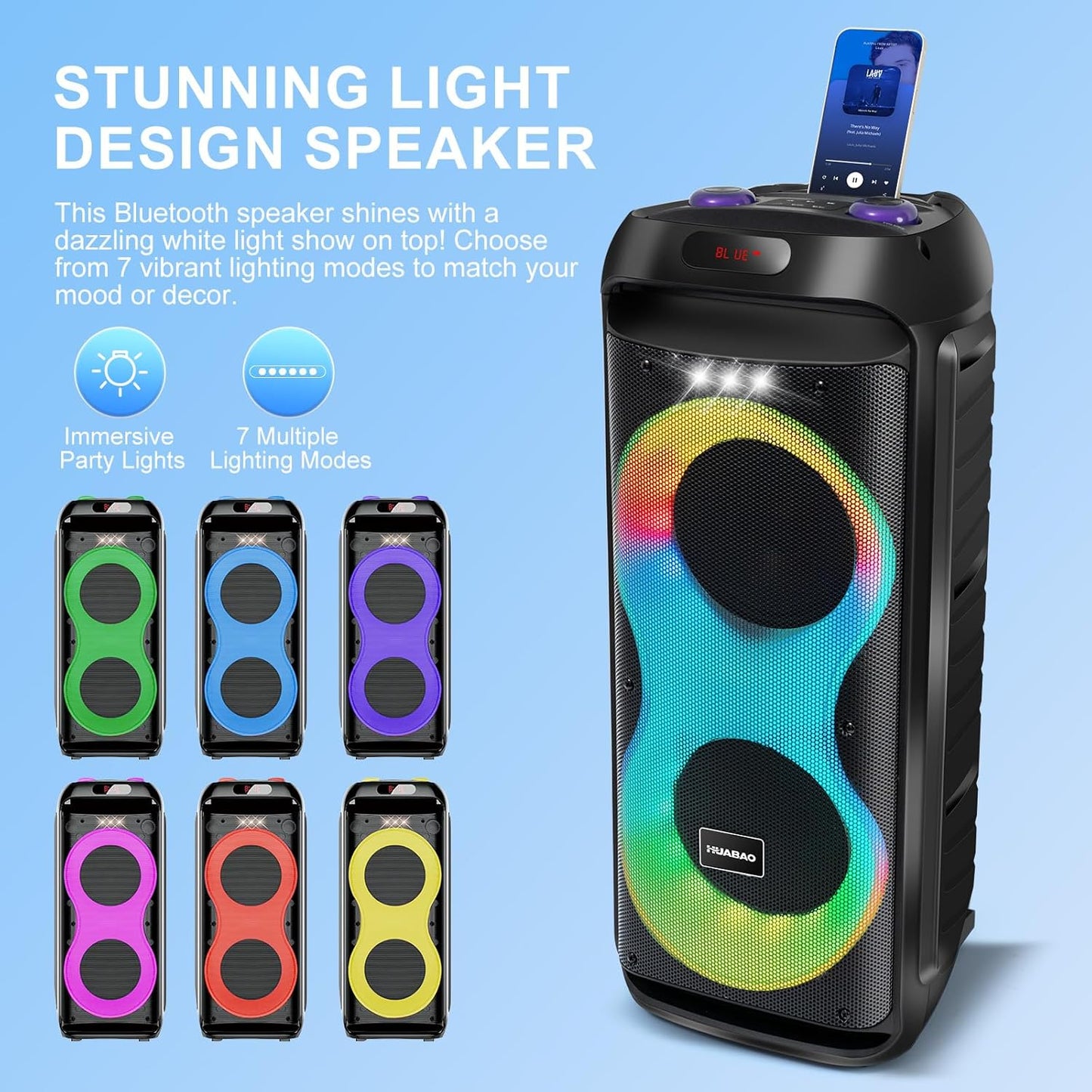 HUABAO 40W Karaoke Machine with 2 Wireless Mics - Portable Bluetooth Speaker with LED Lights, Super Bass, TWS Pairing & Rechargeable Battery for Home Party, Outdoor and Travel