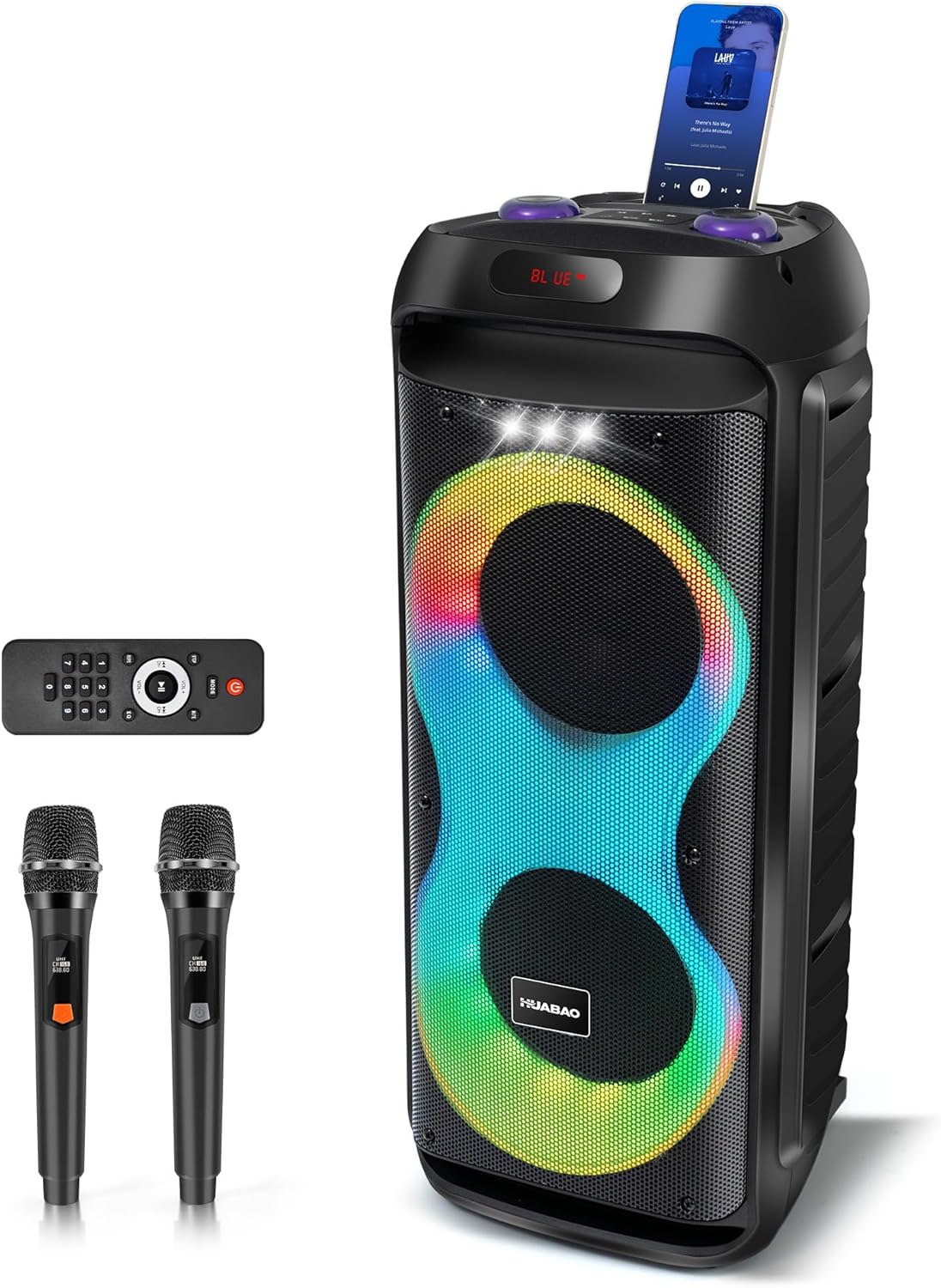 HUABAO 40W Karaoke Machine with 2 Wireless Mics - Portable Bluetooth Speaker with LED Lights, Super Bass, TWS Pairing & Rechargeable Battery for Home Party, Outdoor and Travel