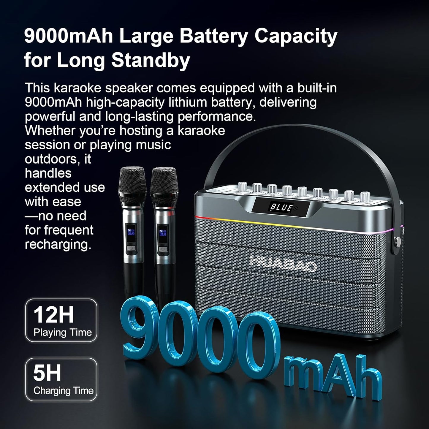 HUABAO 100W Karaoke Machine with 2 Wireless Mics - Bluetooth Speaker with Super Bass, LED Lights, TWS Pairing & Pro Sound Controls for Home and Party Use