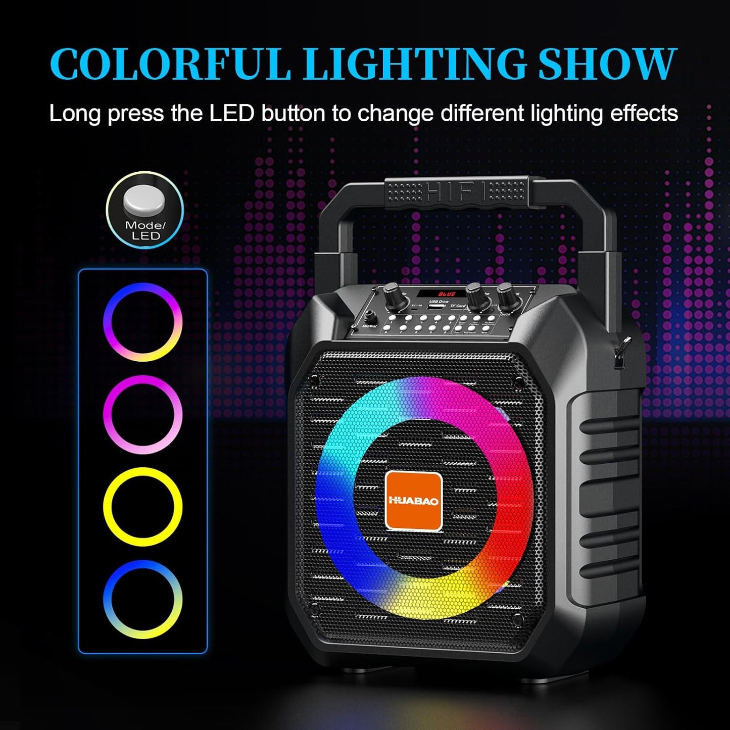 HUABAO Karaoke Machine with 2 Wireless Mics - Portable Bluetooth Speaker with LED Lights, USB/AUX/FM/TF Support for Home Parties, Meetings & Family Entertainment