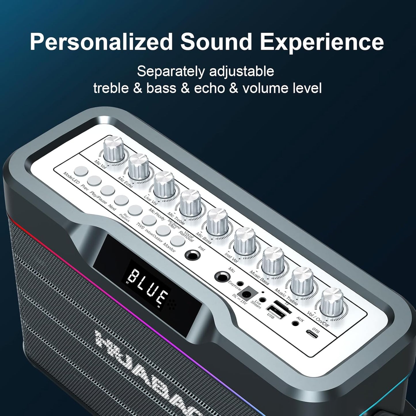 HUABAO 100W Karaoke Machine with 2 Wireless Mics - Bluetooth Speaker with Super Bass, LED Lights, TWS Pairing & Pro Sound Controls for Home and Party Use