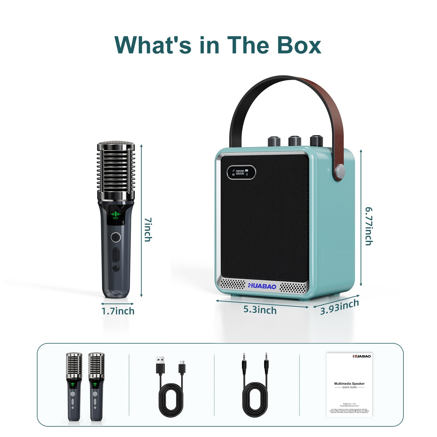 HUABAO A121 Karaoke Machine with 2 Wireless Microphones, Portable Bluetooth Speaker with Mic, Compact Party Speaker with LED Lights, 30W Sound, 5400mAh Long Battery Life, AUX/USB/TF for Home & Outdoor