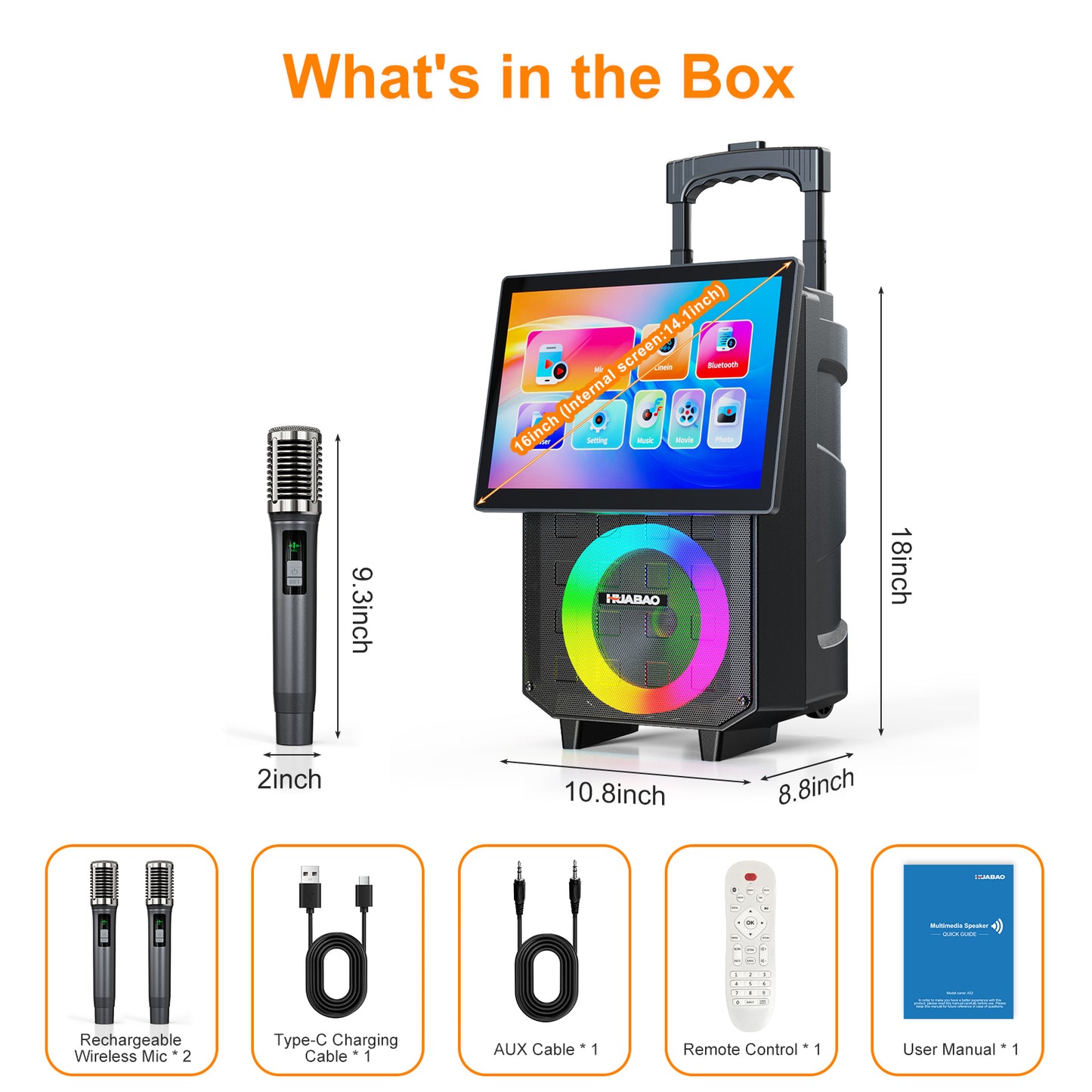 HUABAO A120 Karaoke Machine with 14.1" Rotatable HD Screen & Handle & Wheels, Portable Bluetooth Speaker with Lyrics Display, Wireless Screen Mirroring, 11 Speakers
