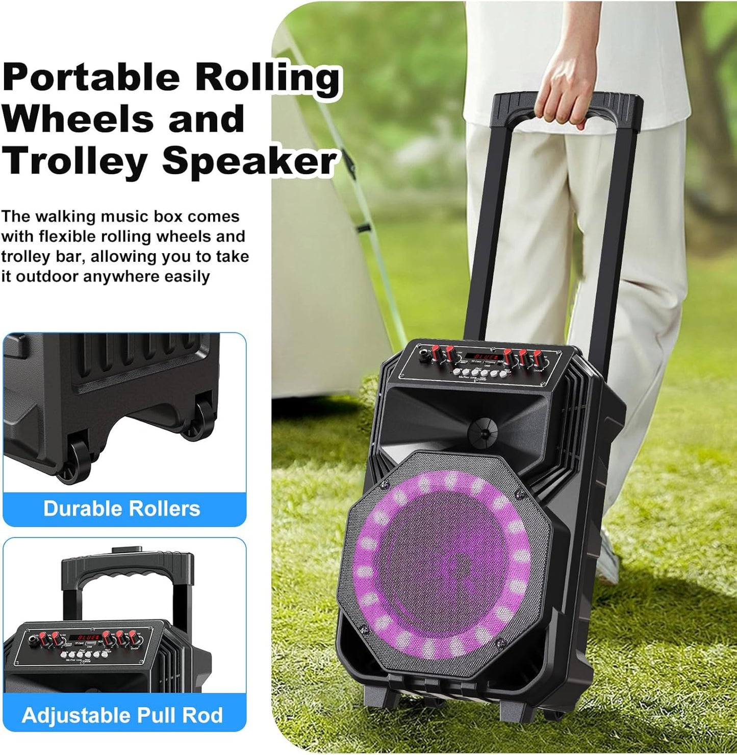 HUABAO Karaoke Machine with 2 Wireless Mics & Rolling Wheels - 8800mAh Portable Bluetooth Speaker with Party Lights, Adjustable Bass/Treble/Echo for Indoor & Outdoor Events