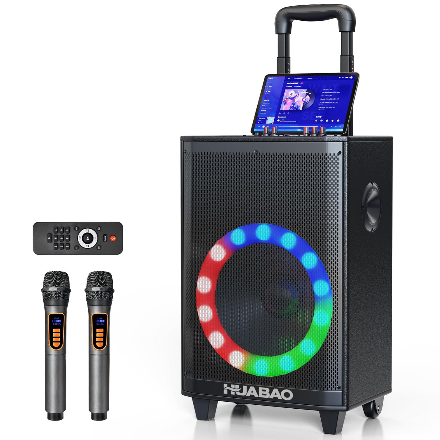HUABAO Large Karaoke Speaker with 2 Wireless Mics - 8800mAh Portable PA System, 11-Speaker Sound with Lights, Remote, Bass/Treble Control for Outdoor Parties