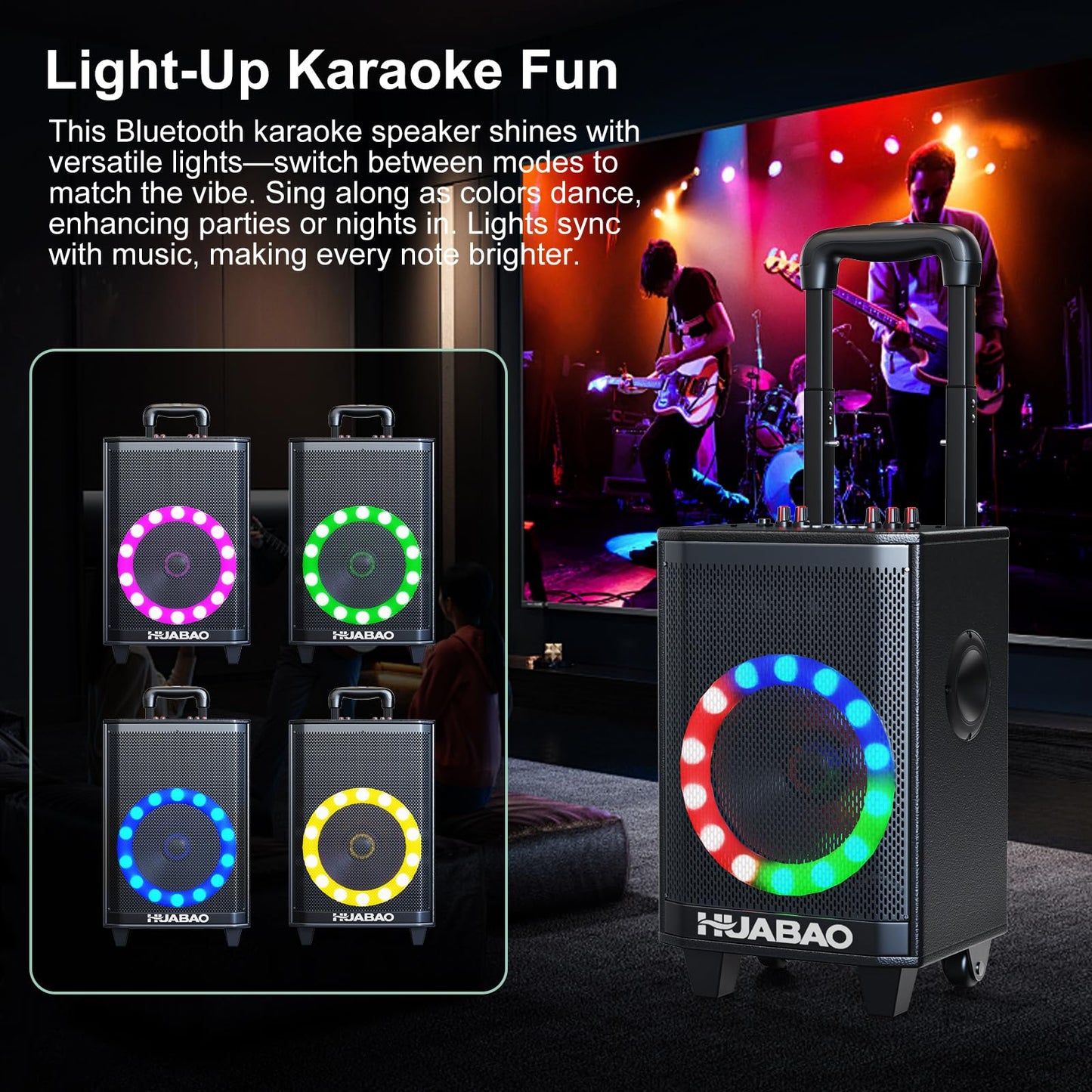 HUABAO Portable Karaoke Machine with 2 Wireless Mics - Bluetooth Speaker with Party Lights, 6600mAh Battery, Multi-Connection & Sound Controls for Home and Outdoor Events