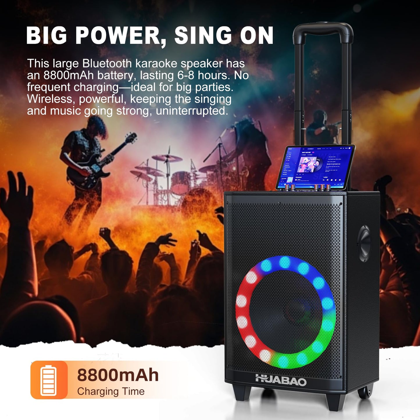 HUABAO Large Karaoke Speaker with 2 Wireless Mics - 8800mAh Portable PA System, 11-Speaker Sound with Lights, Remote, Bass/Treble Control for Outdoor Parties