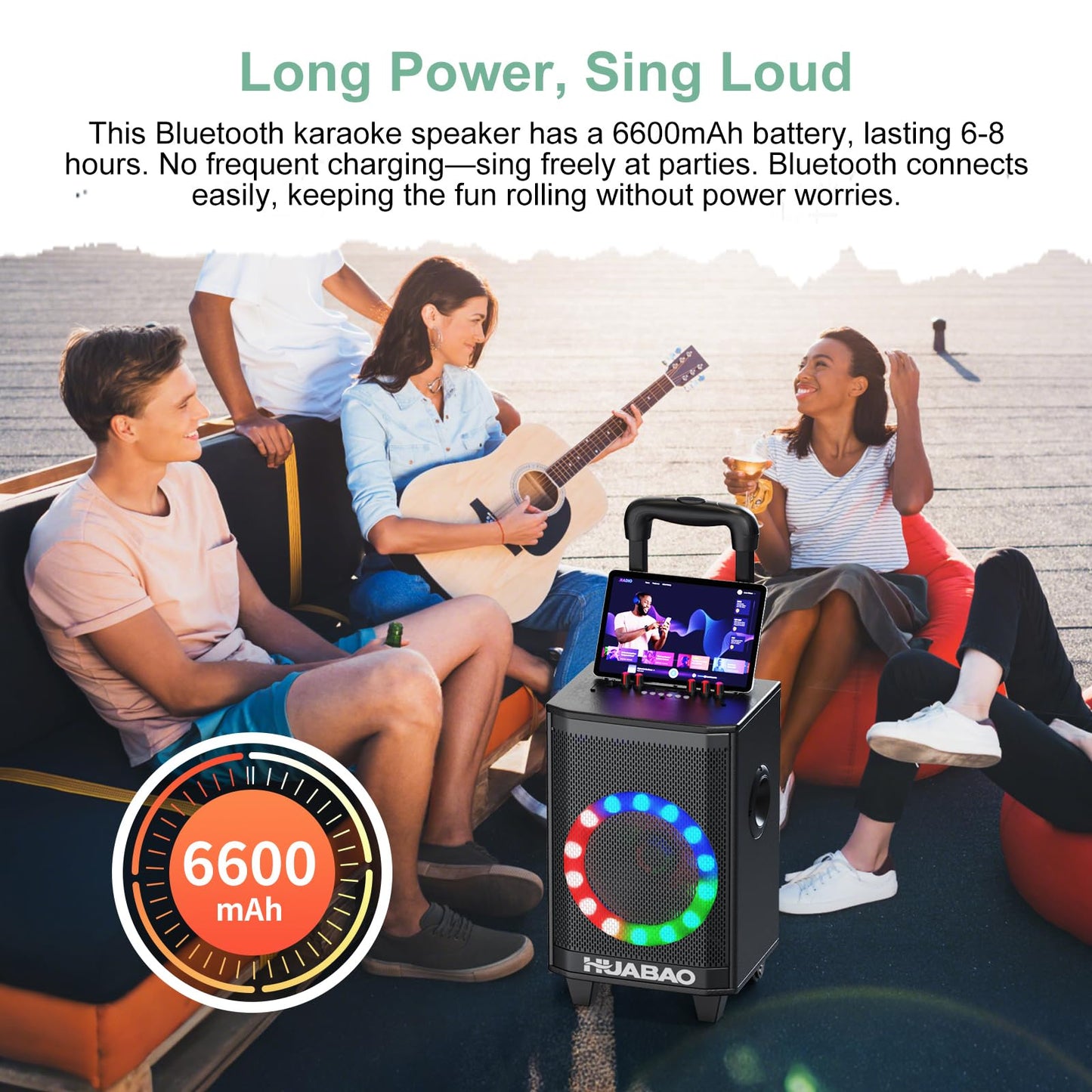 HUABAO Portable Karaoke Machine with 2 Wireless Mics - Bluetooth Speaker with Party Lights, 6600mAh Battery, Multi-Connection & Sound Controls for Home and Outdoor Events
