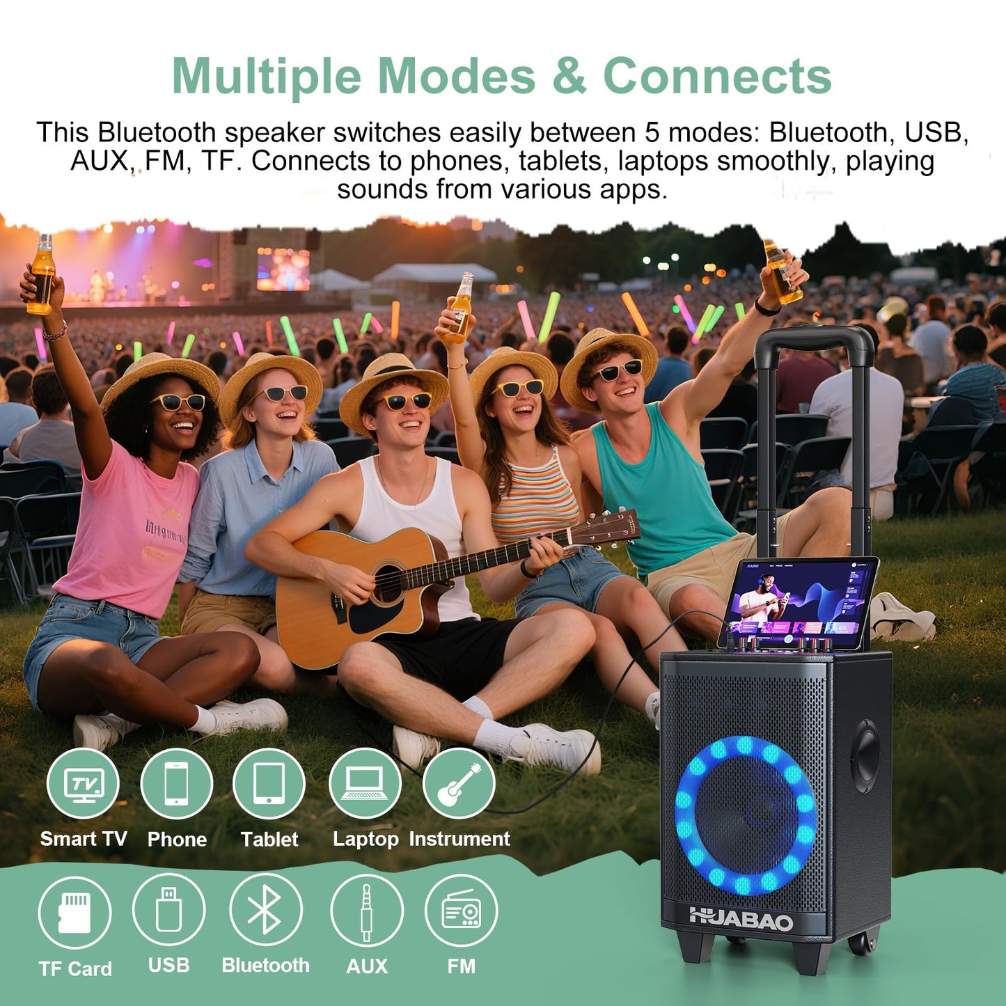 HUABAO Portable Karaoke Machine with 2 Wireless Mics - Bluetooth Speaker with Party Lights, 6600mAh Battery, Multi-Connection & Sound Controls for Home and Outdoor Events