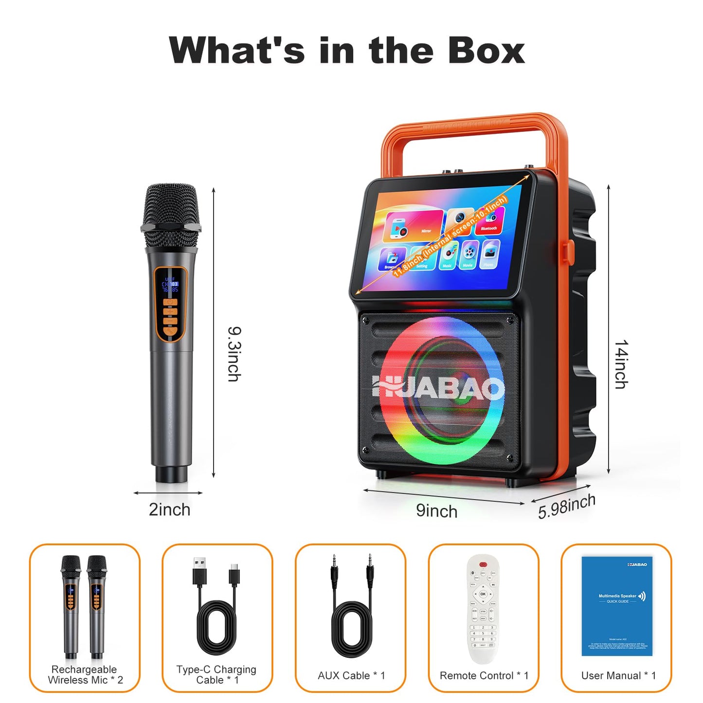 HUABAO 10.1" Built-in Screen Karaoke Machine - with Wireless Screen Mirroring, 2 Rechargeable Mics, Lyrics Display & Party Lights (5400mAh Battery)