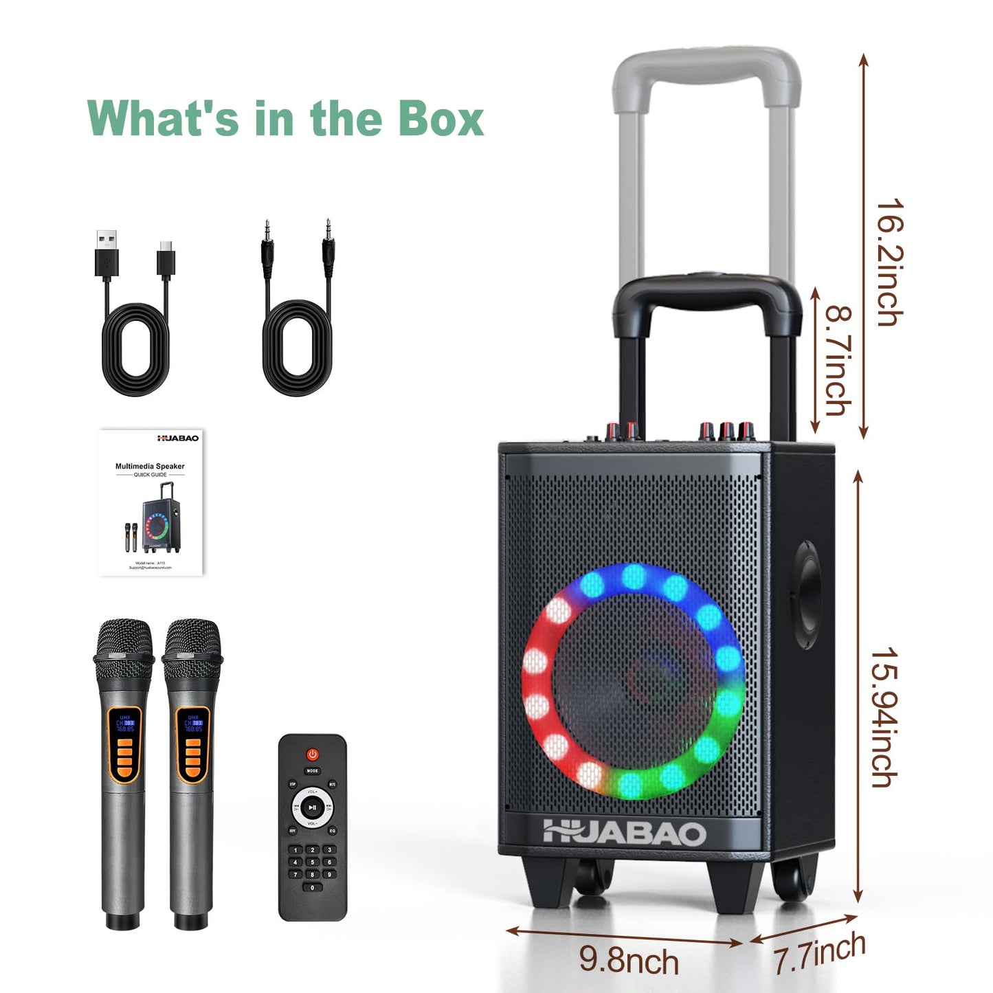 HUABAO Portable Karaoke Machine with 2 Wireless Mics - Bluetooth Speaker with Party Lights, 6600mAh Battery, Multi-Connection & Sound Controls for Home and Outdoor Events
