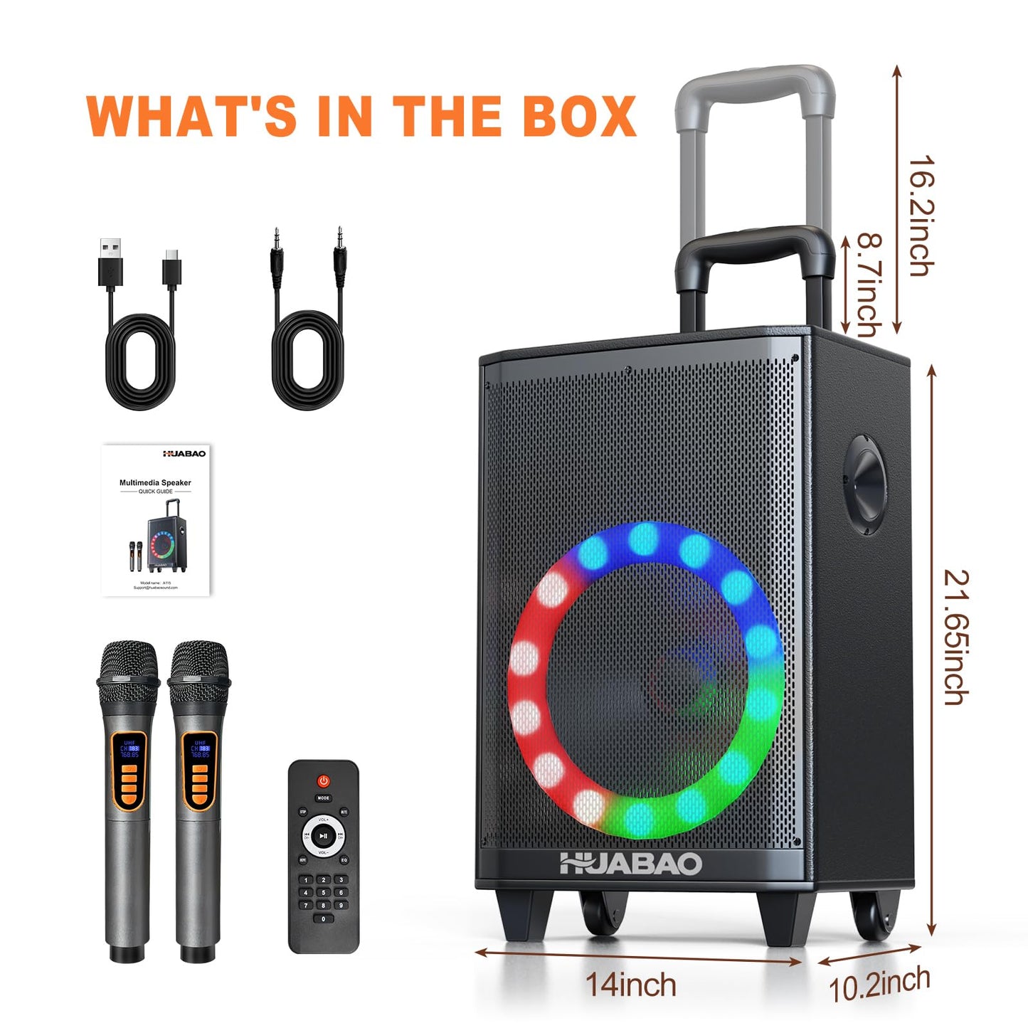 HUABAO Large Karaoke Speaker with 2 Wireless Mics - 8800mAh Portable PA System, 11-Speaker Sound with Lights, Remote, Bass/Treble Control for Outdoor Parties
