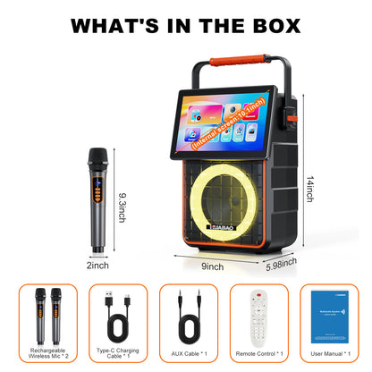 HUABAO A119 Portable Karaoke Machine with 10.1” Rotatable HD Screen, Wireless Screen Mirroring for iOS & Android, Bluetooth Speaker with Lyrics Display