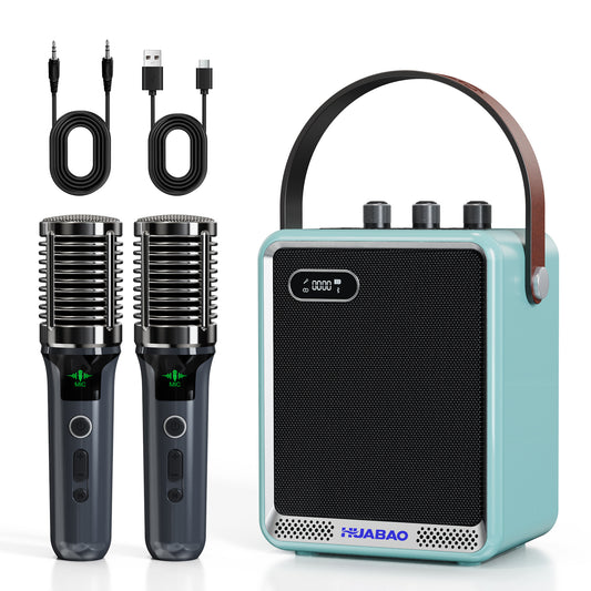 HUABAO A121 Karaoke Machine with 2 Wireless Microphones, Portable Bluetooth Speaker with Mic, Compact Party Speaker with LED Lights, 30W Sound, 5400mAh Long Battery Life, AUX/USB/TF for Home & Outdoor