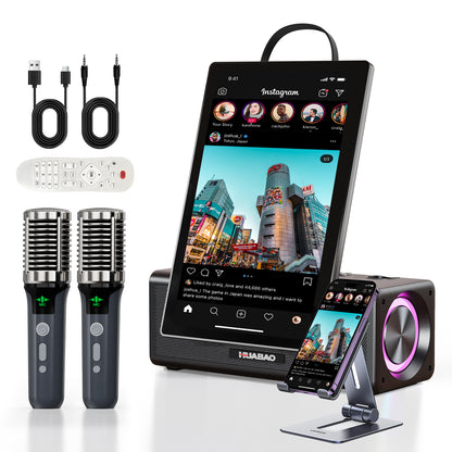 HUABAO A109 Portable Karaoke Machine with 14.1” HD Rotatable Screen, Wireless Screen Mirroring for Android & iOS, Bluetooth Party Speaker with Lyrics Display & Lights, PA System with 2 Wireless Microphones