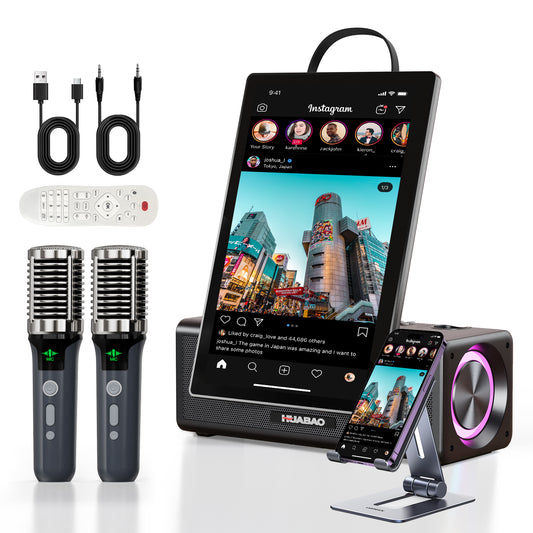 HUABAO A109 Portable Karaoke Machine with 14.1” HD Rotatable Screen, Wireless Screen Mirroring for Android & iOS, Bluetooth Party Speaker with Lyrics Display & Lights, PA System with 2 Wireless Microphones