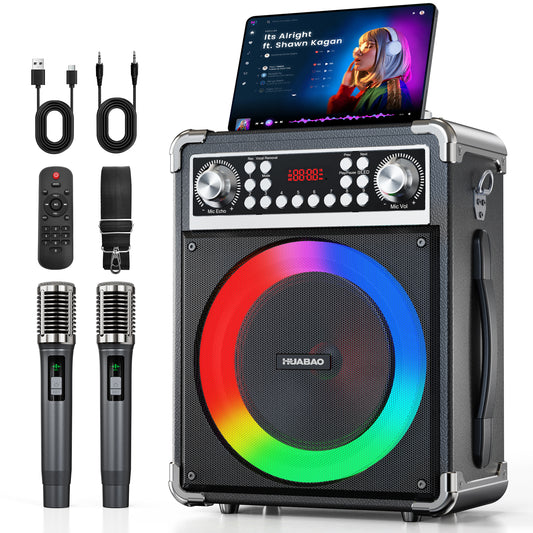 HUABAO A118 Karaoke Machine with 2 Wireless Microphones, Portable Bluetooth Speaker of Adults & Kids, PA System with Remote & Lights, Bass/Treble Control, Support USB/AUX/TF/FM, Party Speaker for Home