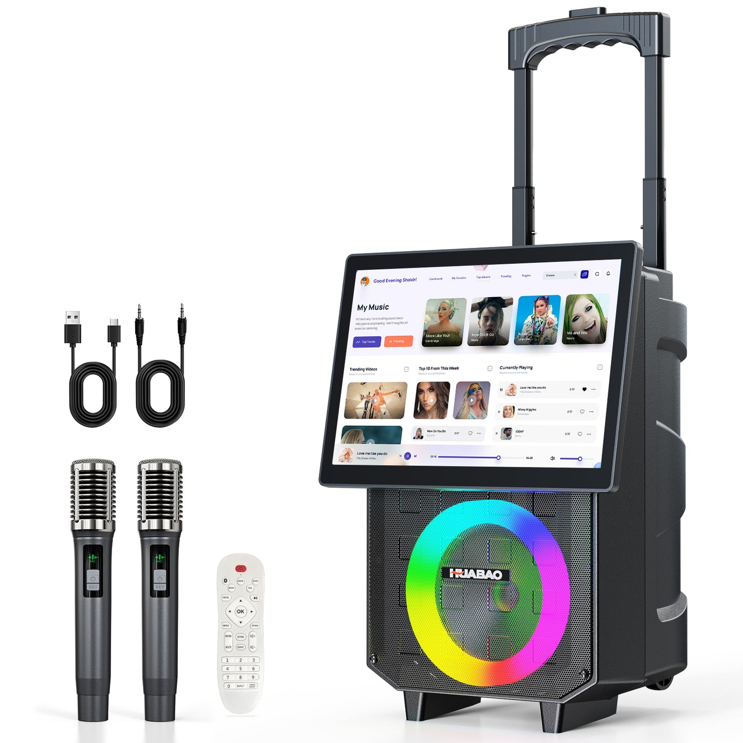 HUABAO A120 Karaoke Machine with 14.1" Rotatable HD Screen & Handle & Wheels, Portable Bluetooth Speaker with Lyrics Display, Wireless Screen Mirroring, 11 Speakers