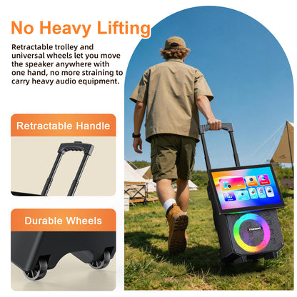 HUABAO A120 Karaoke Machine with 14.1" Rotatable HD Screen & Handle & Wheels, Portable Bluetooth Speaker with Lyrics Display, Wireless Screen Mirroring, 11 Speakers