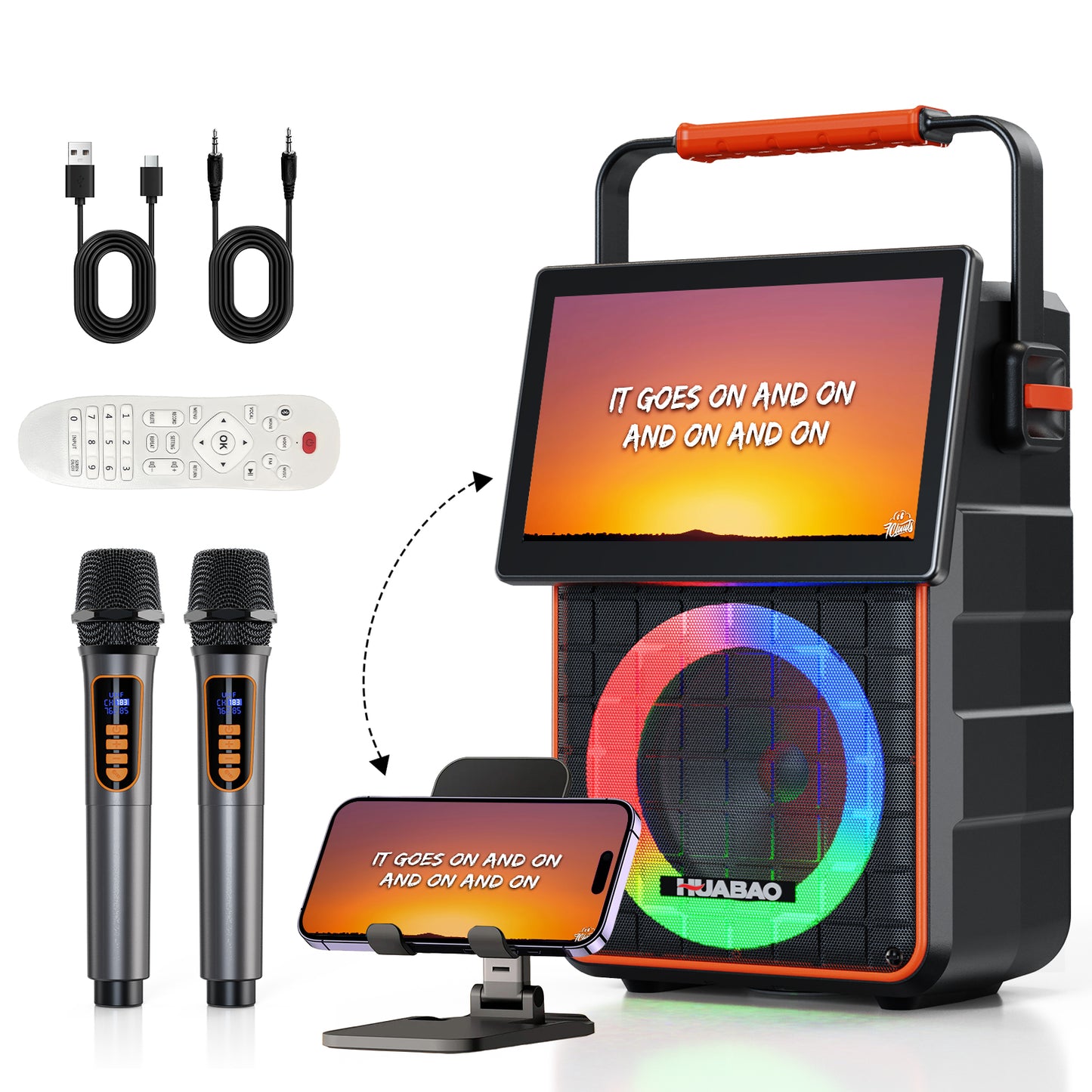HUABAO A119 Portable Karaoke Machine with 10.1” Rotatable HD Screen, Wireless Screen Mirroring for iOS & Android, Bluetooth Speaker with Lyrics Display