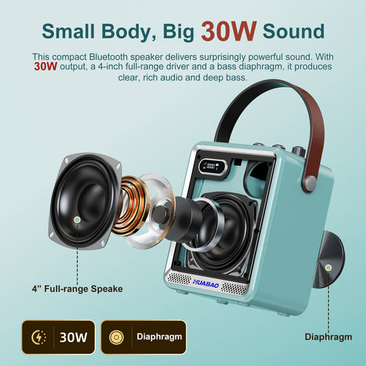 HUABAO A121 Karaoke Machine with 2 Wireless Microphones, Portable Bluetooth Speaker with Mic, Compact Party Speaker with LED Lights, 30W Sound, 5400mAh Long Battery Life, AUX/USB/TF for Home & Outdoor