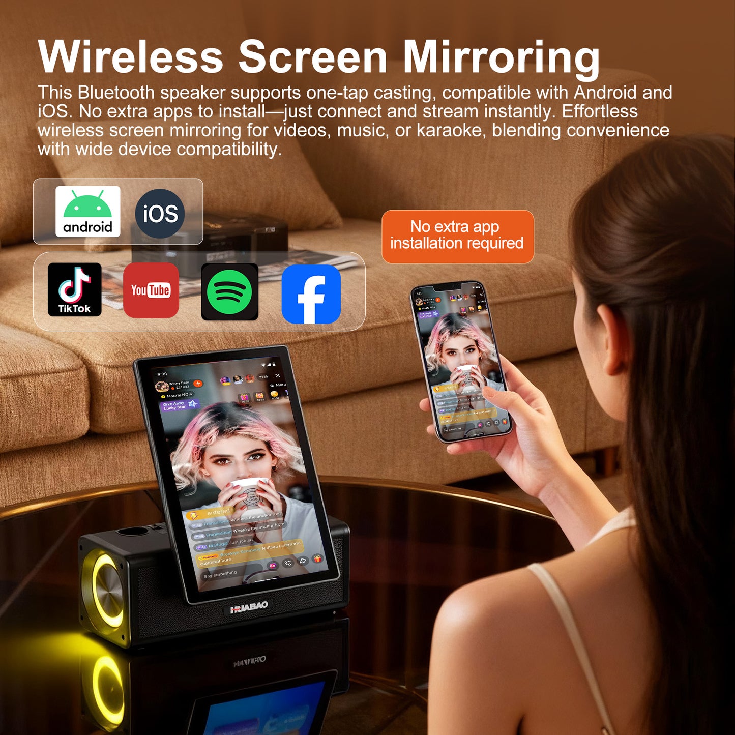 HUABAO A109 Portable Karaoke Machine with 14.1” HD Rotatable Screen, Wireless Screen Mirroring for Android & iOS, Bluetooth Party Speaker with Lyrics Display & Lights, PA System with 2 Wireless Microphones