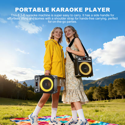 HUABAO A118 Karaoke Machine with 2 Wireless Microphones, Portable Bluetooth Speaker of Adults & Kids, PA System with Remote & Lights, Bass/Treble Control, Support USB/AUX/TF/FM, Party Speaker for Home