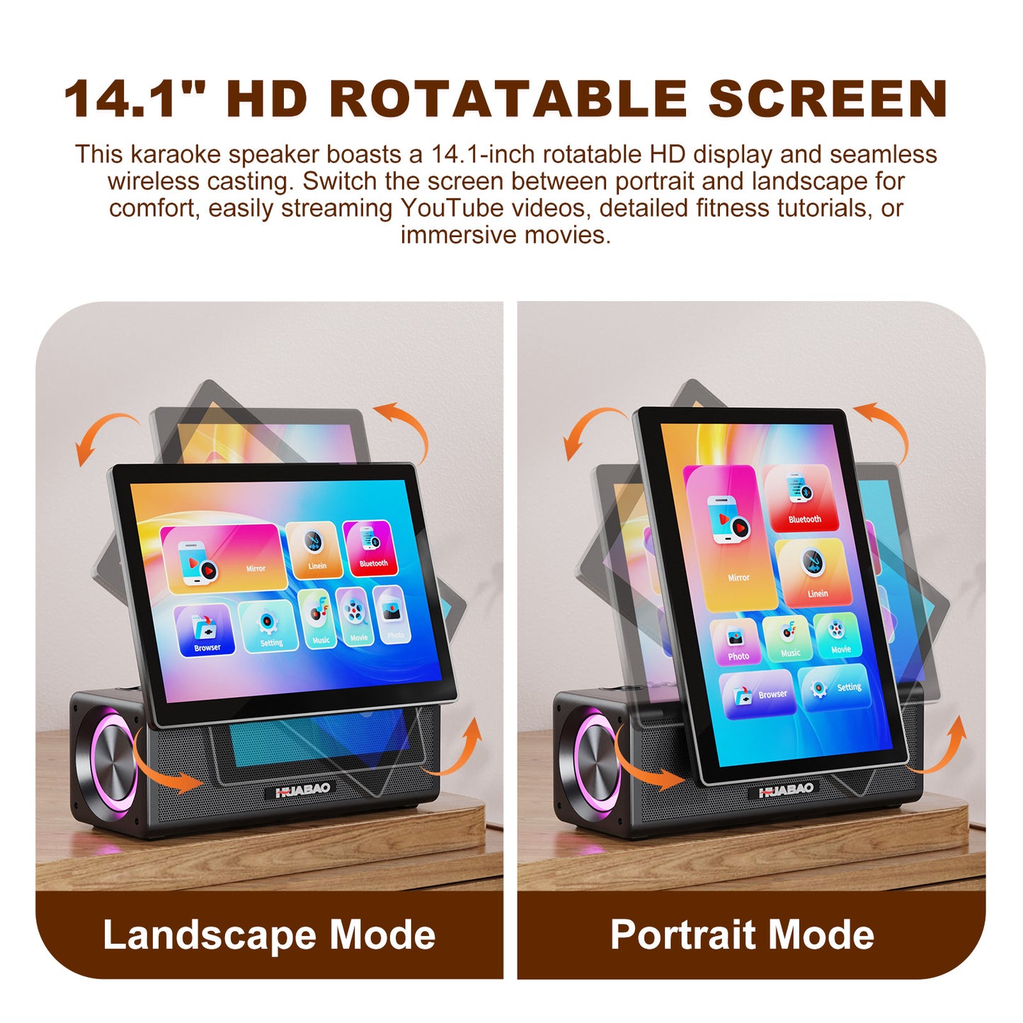 HUABAO A109 Portable Karaoke Machine with 14.1” HD Rotatable Screen, Wireless Screen Mirroring for Android & iOS, Bluetooth Party Speaker with Lyrics Display & Lights, PA System with 2 Wireless Microphones