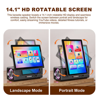 HUABAO A109 Portable Karaoke Machine with 14.1” HD Rotatable Screen, Wireless Screen Mirroring for Android & iOS, Bluetooth Party Speaker with Lyrics Display & Lights, PA System with 2 Wireless Microphones