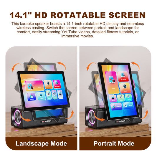 HUABAO A109 Portable Karaoke Machine with 14.1” HD Rotatable Screen, Wireless Screen Mirroring for Android & iOS, Bluetooth Party Speaker with Lyrics Display & Lights, PA System with 2 Wireless Microphones