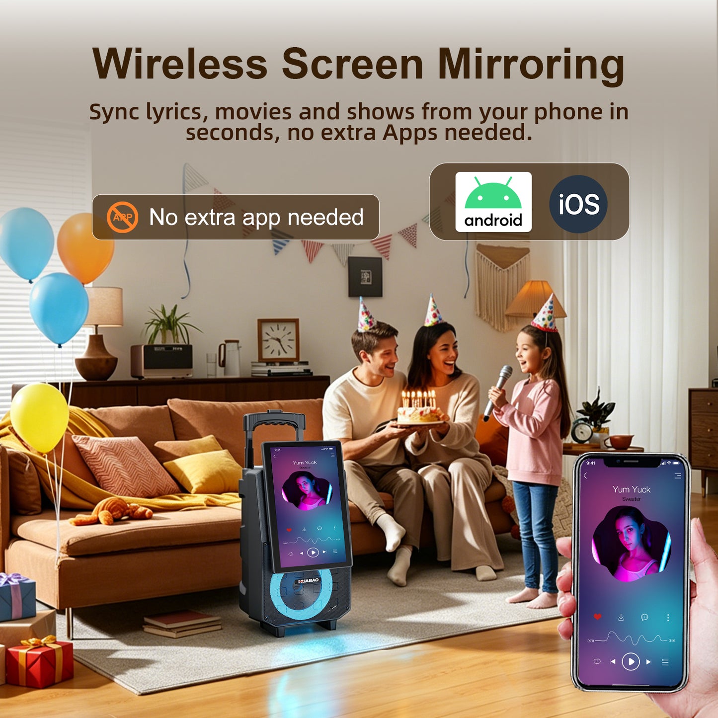 HUABAO A120 Karaoke Machine with 14.1" Rotatable HD Screen & Handle & Wheels, Portable Bluetooth Speaker with Lyrics Display, Wireless Screen Mirroring, 11 Speakers
