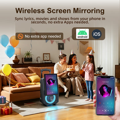 HUABAO A120 Karaoke Machine with 14.1" Rotatable HD Screen & Handle & Wheels, Portable Bluetooth Speaker with Lyrics Display, Wireless Screen Mirroring, 11 Speakers