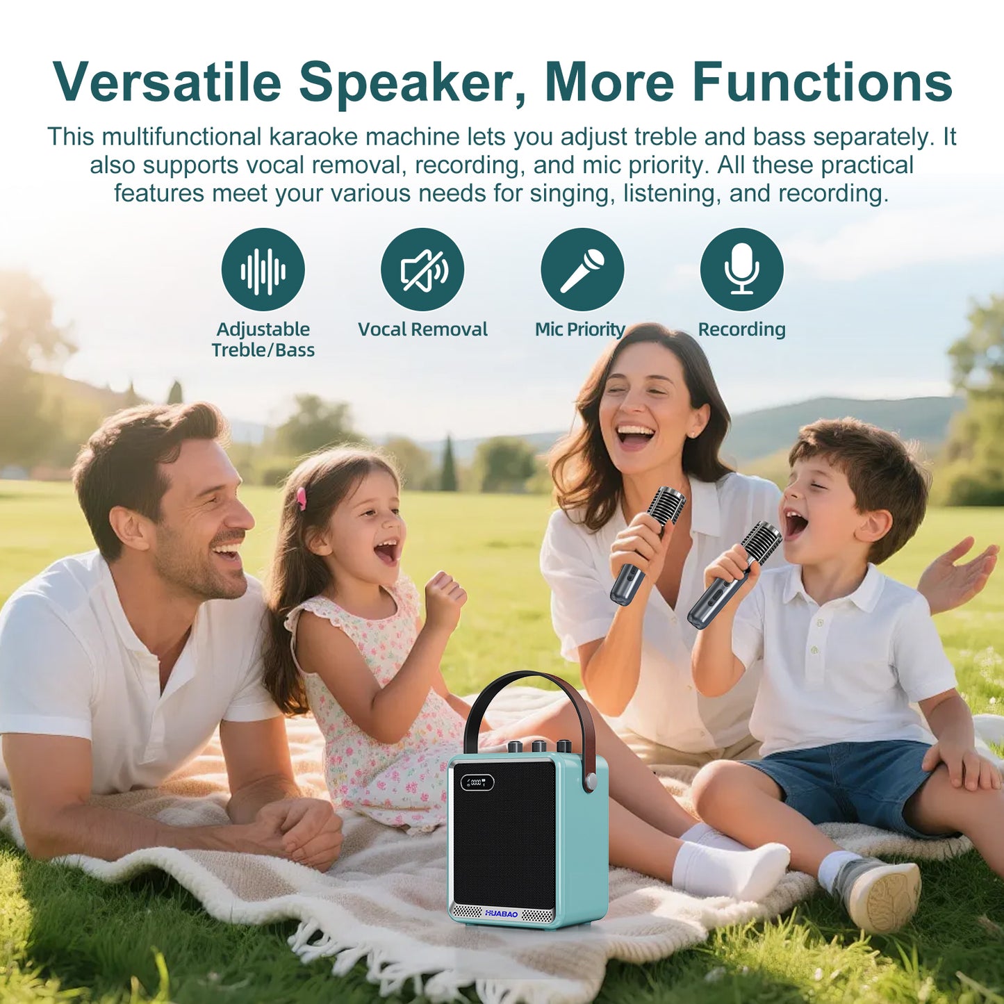 HUABAO A121 Karaoke Machine with 2 Wireless Microphones, Portable Bluetooth Speaker with Mic, Compact Party Speaker with LED Lights, 30W Sound, 5400mAh Long Battery Life, AUX/USB/TF for Home & Outdoor