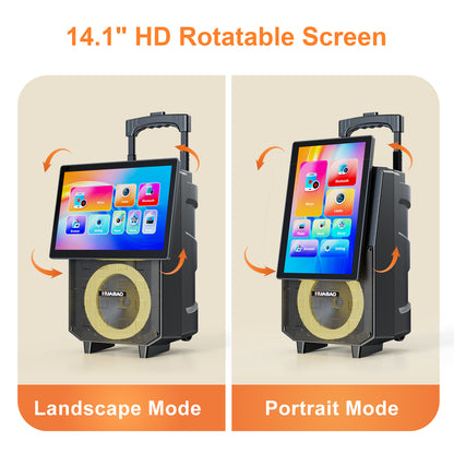 HUABAO A120 Karaoke Machine with 14.1" Rotatable HD Screen & Handle & Wheels, Portable Bluetooth Speaker with Lyrics Display, Wireless Screen Mirroring, 11 Speakers