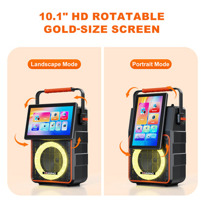 HUABAO A119 Portable Karaoke Machine with 10.1” Rotatable HD Screen, Wireless Screen Mirroring for iOS & Android, Bluetooth Speaker with Lyrics Display