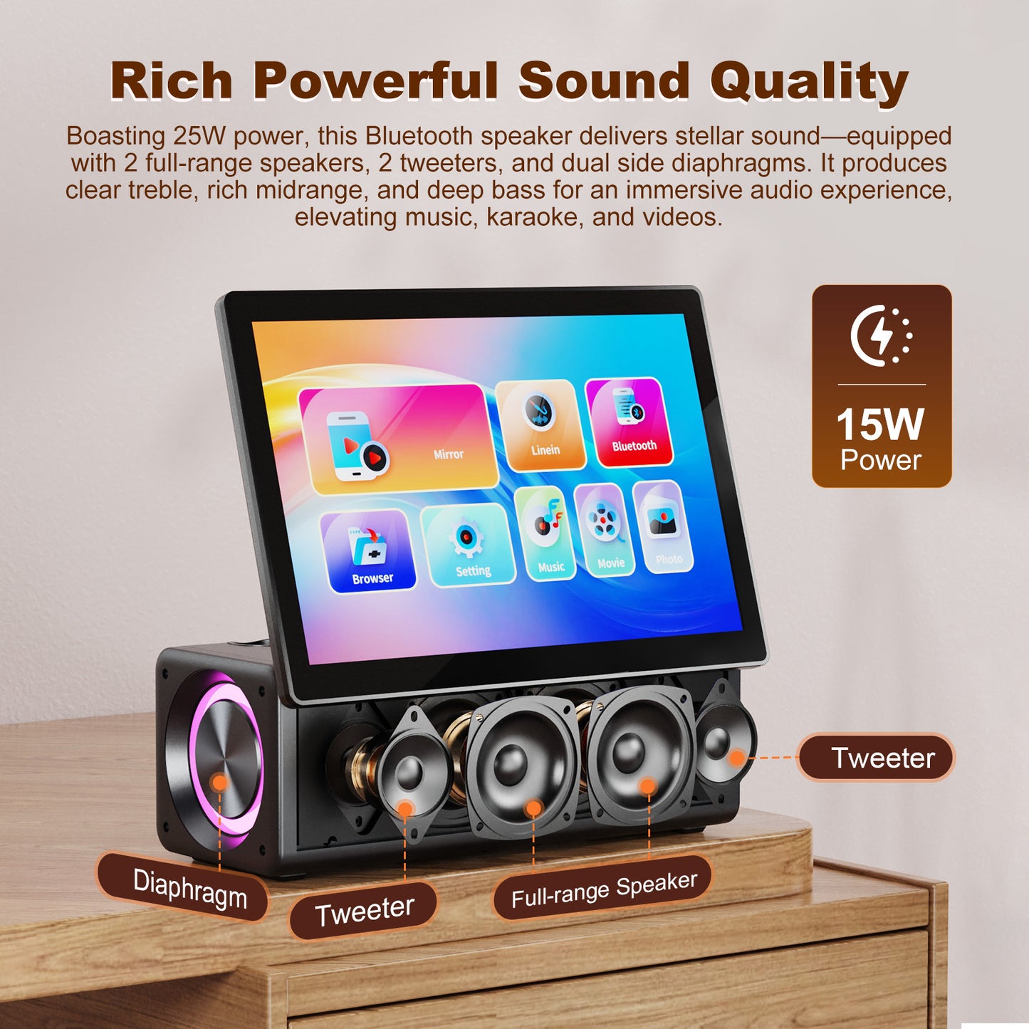 HUABAO A109 Portable Karaoke Machine with 14.1” HD Rotatable Screen, Wireless Screen Mirroring for Android & iOS, Bluetooth Party Speaker with Lyrics Display & Lights, PA System with 2 Wireless Microphones