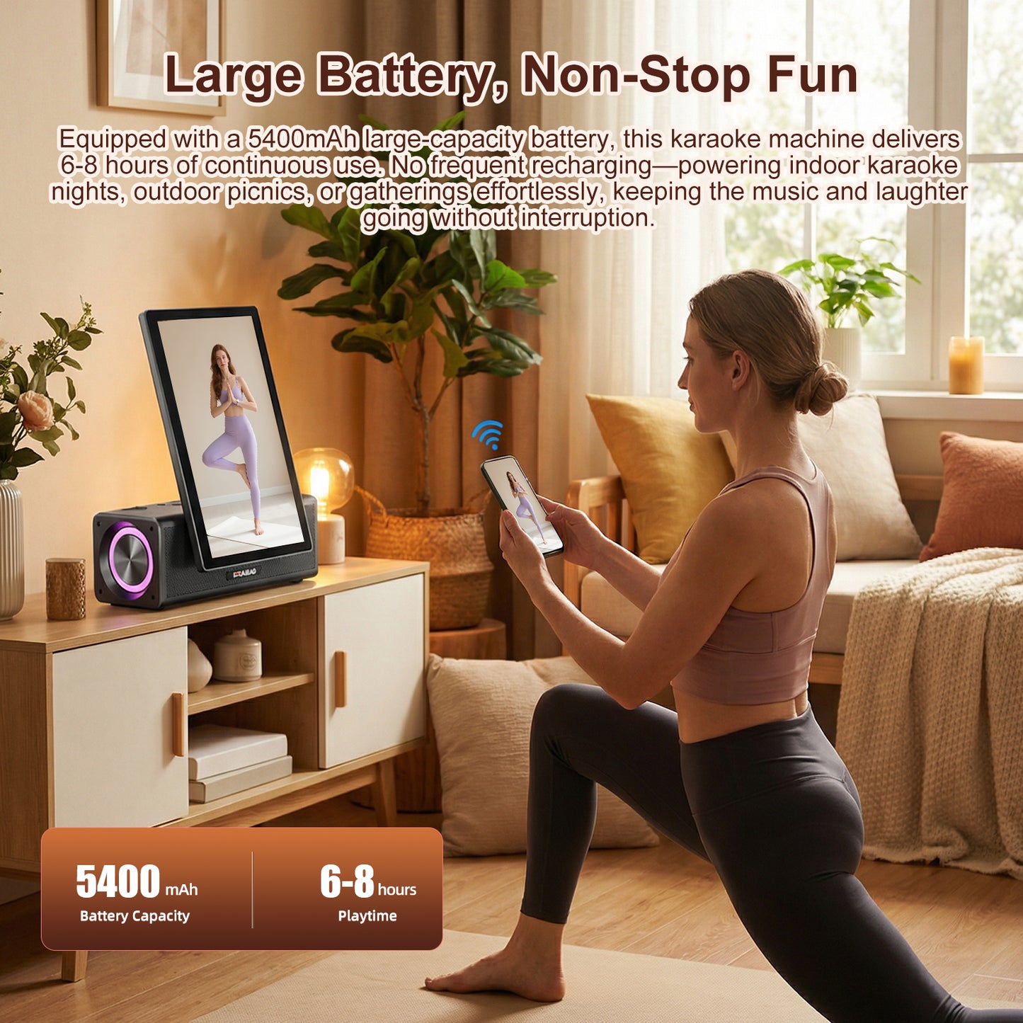 HUABAO A109 Portable Karaoke Machine with 14.1” HD Rotatable Screen, Wireless Screen Mirroring for Android & iOS, Bluetooth Party Speaker with Lyrics Display & Lights, PA System with 2 Wireless Microphones