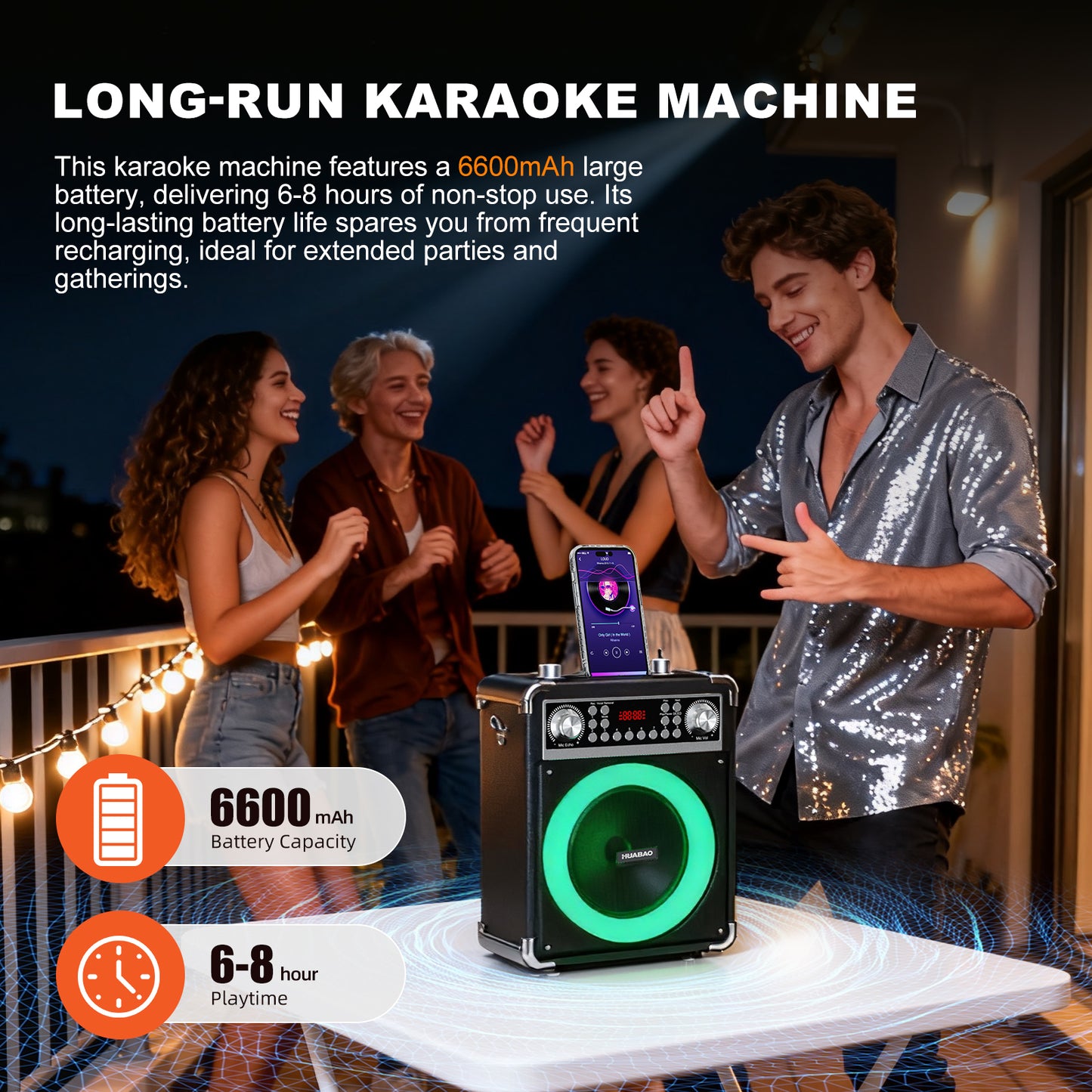 HUABAO A118 Karaoke Machine with 2 Wireless Microphones, Portable Bluetooth Speaker of Adults & Kids, PA System with Remote & Lights, Bass/Treble Control, Support USB/AUX/TF/FM, Party Speaker for Home