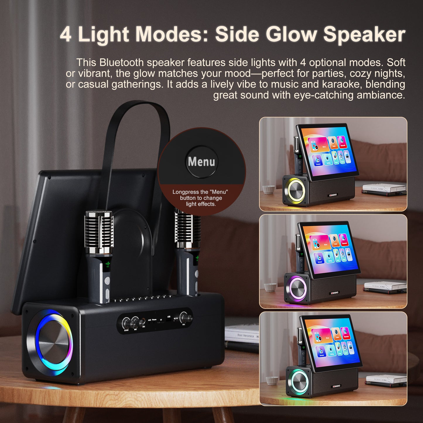 HUABAO A109 Portable Karaoke Machine with 14.1” HD Rotatable Screen, Wireless Screen Mirroring for Android & iOS, Bluetooth Party Speaker with Lyrics Display & Lights, PA System with 2 Wireless Microphones