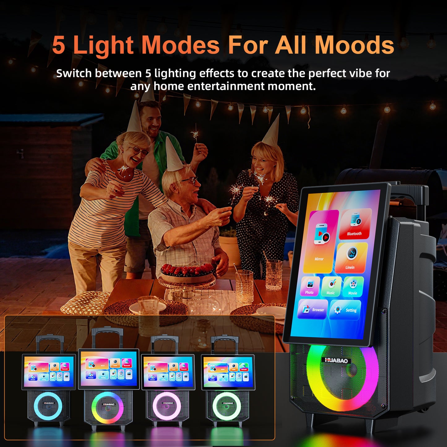 HUABAO A120 Karaoke Machine with 14.1" Rotatable HD Screen & Handle & Wheels, Portable Bluetooth Speaker with Lyrics Display, Wireless Screen Mirroring, 11 Speakers